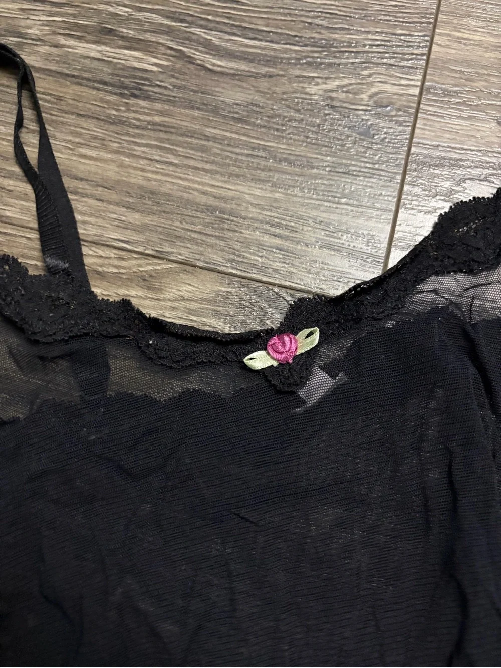 90s European Vintage Sheer Mesh Lace Trim Mini Slip Dress Floral Appliqué Size S